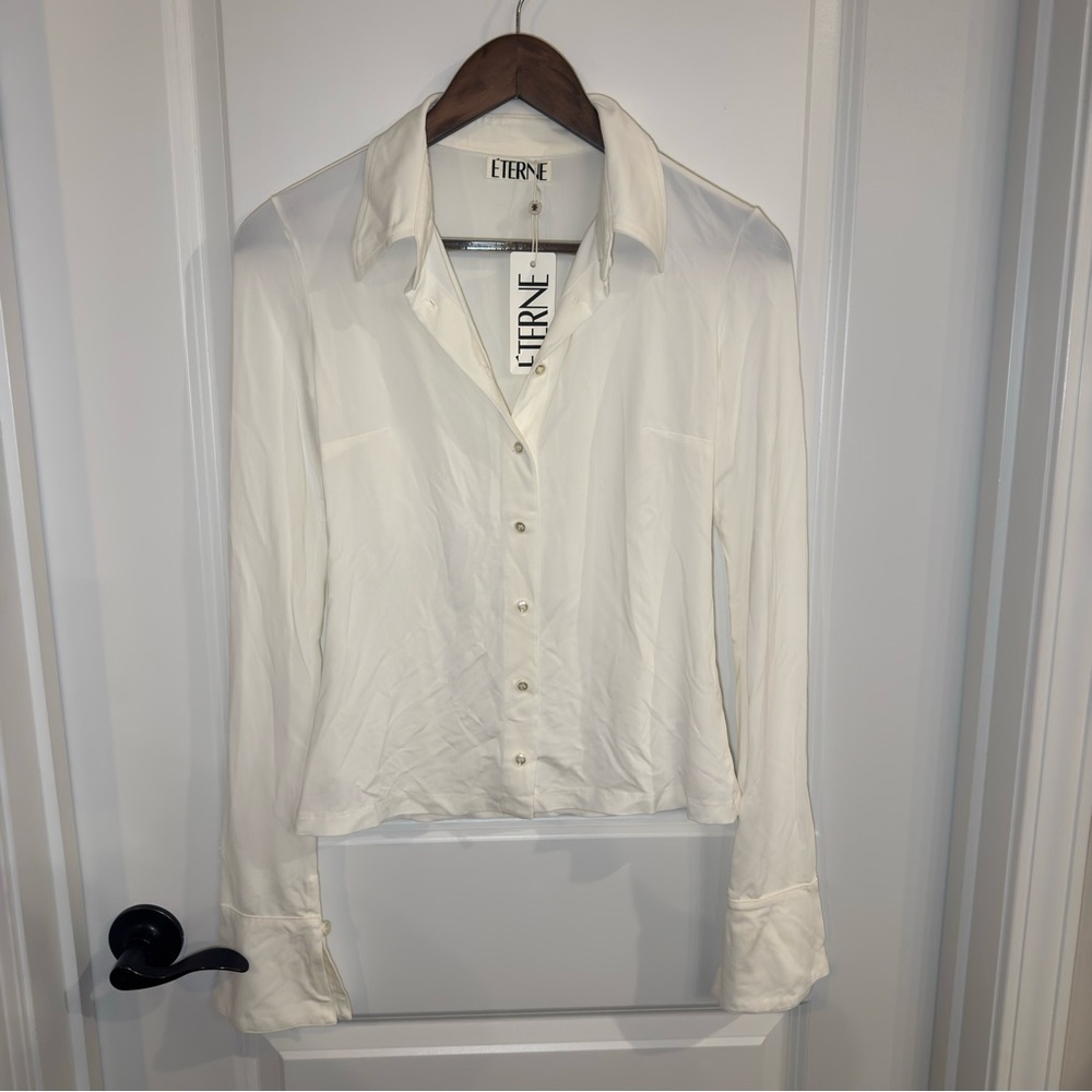 Eterne Charlie Top Matte Jersey Button Down in Ivory - Picture 8 of 14